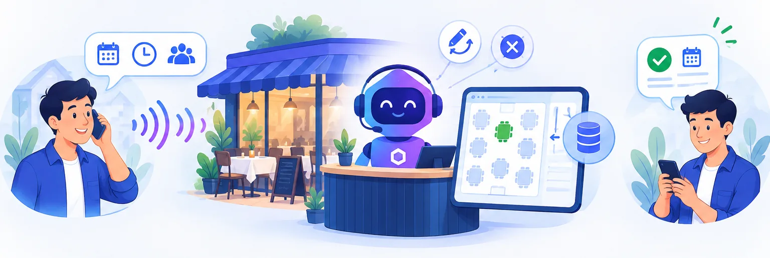 Un client appelle le restaurant pour réserver une table ; l’agent vocal IA décroche, vérifie les tables libres dans le tableau de bord, enregistre la réservation, puis le client reçoit un SMS de confirmation.